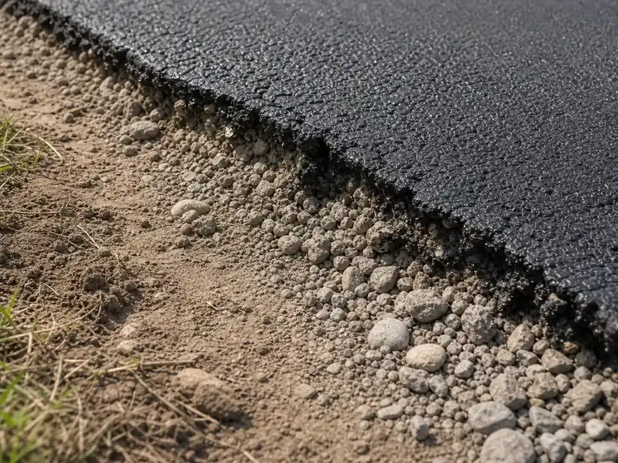Close-up of a thin asphalt mat over loose gravel base