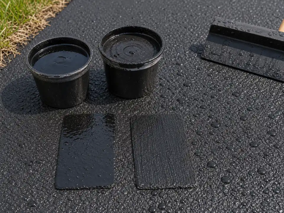 Unlabeled sealer samples and water beads on a dark asphalt surface