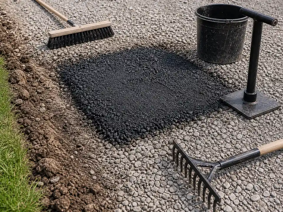 Cold patch asphalt repair over compacted base with rake and broom