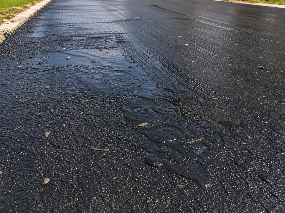 Close-up of thick sealcoat puddling and streak marks on asphalt