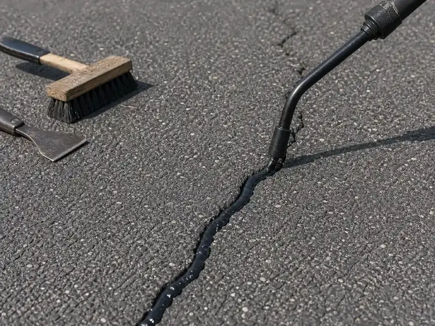 Crack filler bead applied inside a cleaned asphalt driveway crack