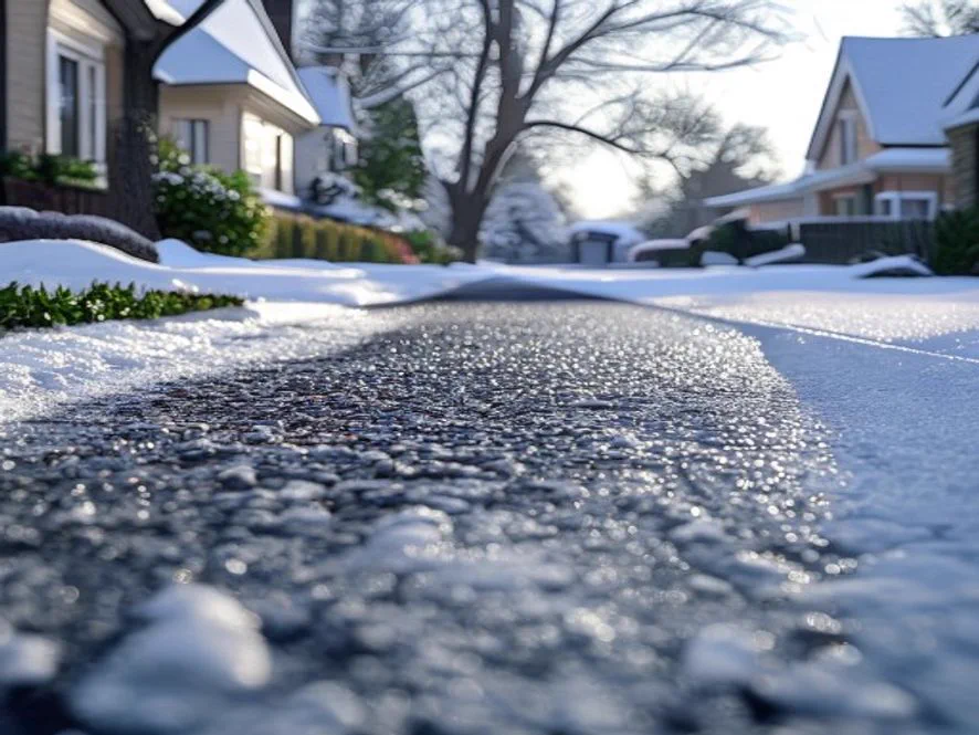 Heated asphalt driveway staying clear of snow while the yard is covered