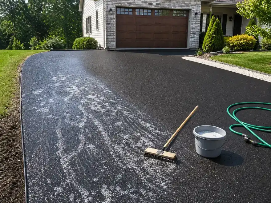 Asphalt driveway cleaning setup with a push broom, bucket, and garden hose
