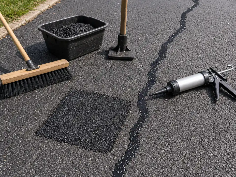 Filled crack line and small asphalt patch with repair tools nearby