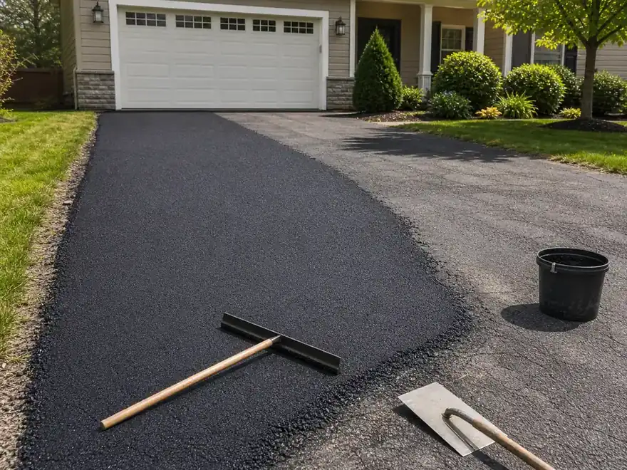Driveway resurfacing coat spread over older asphalt with a squeegee