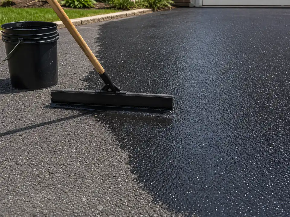 Thin sealcoat layer being spread evenly with a squeegee