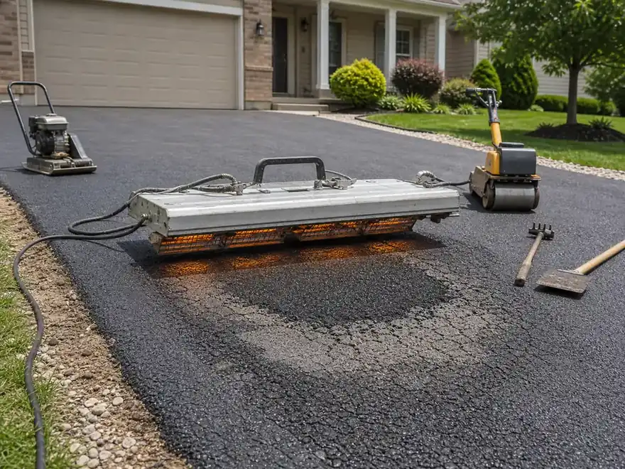 Infrared asphalt repair heater positioned over a driveway patch