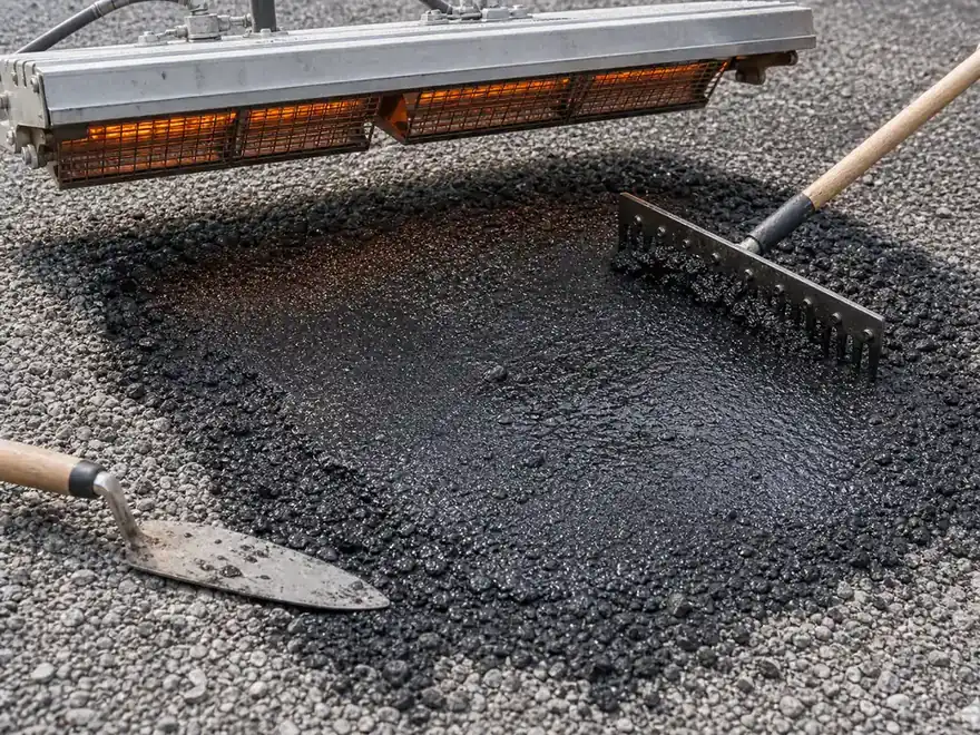 Close-up of an infrared asphalt repair patch being reheated and reworked