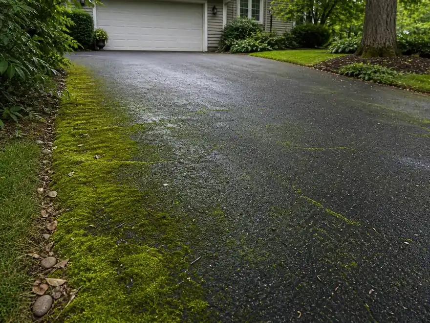 Shaded asphalt driveway with green moss and algae growing in cracks and along the edge