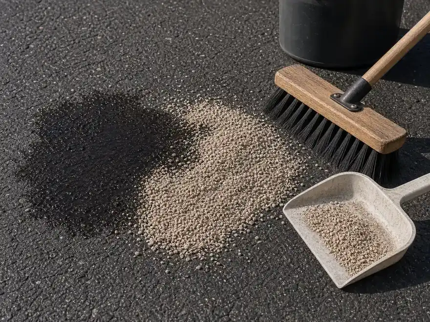 Absorbent granules covering an oil stain on asphalt with a brush nearby
