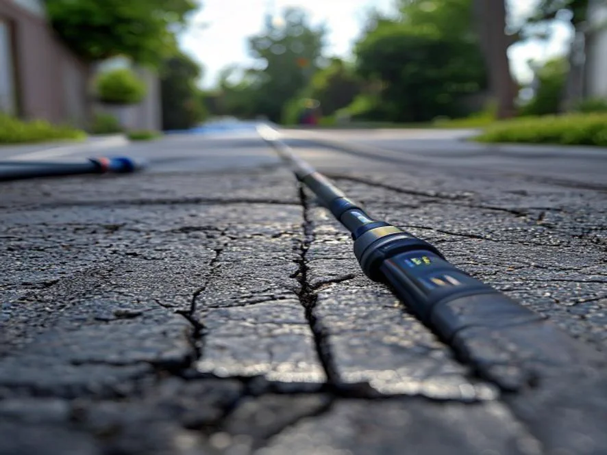 Electrical conduit crossing under an asphalt driveway with a saw-cut patch line