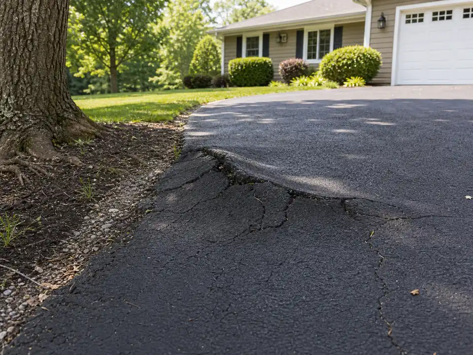 Asphalt driveway lifted and cracked near a mature shade tree