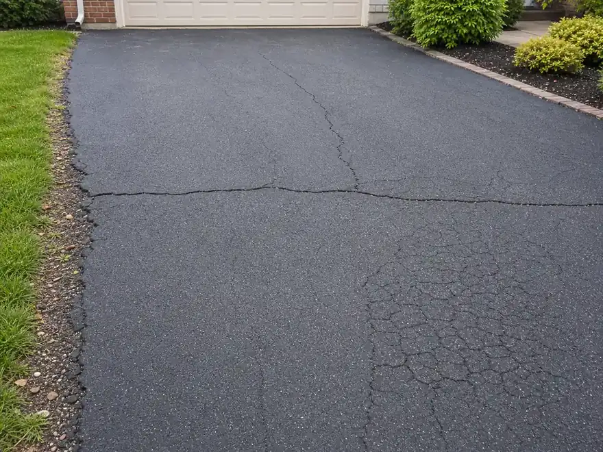 Residential asphalt driveway showing multiple crack shapes and patterns