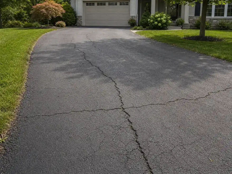 Aging asphalt driveway with several visible crack patterns