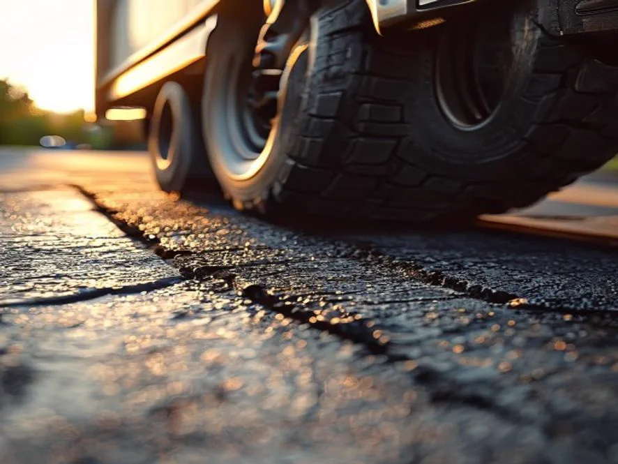 A wide truck tire pressing a shallow rut into warm asphalt